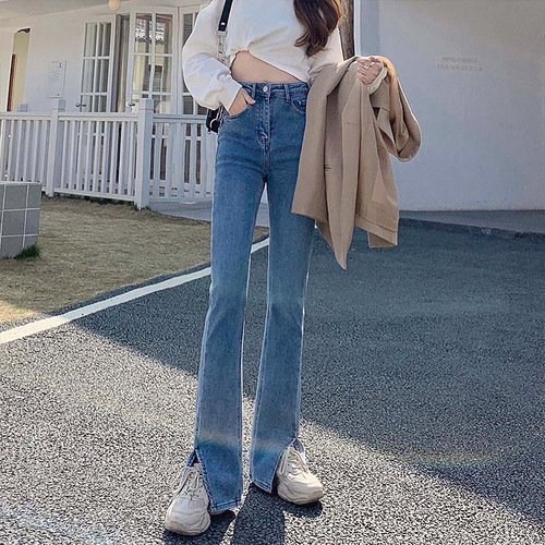 Retro bootcut jeans for women in spring and summer, high-waisted, slim, stretchy, slim-fitting, wide-legged, floor-length, split flared pants, trendy
