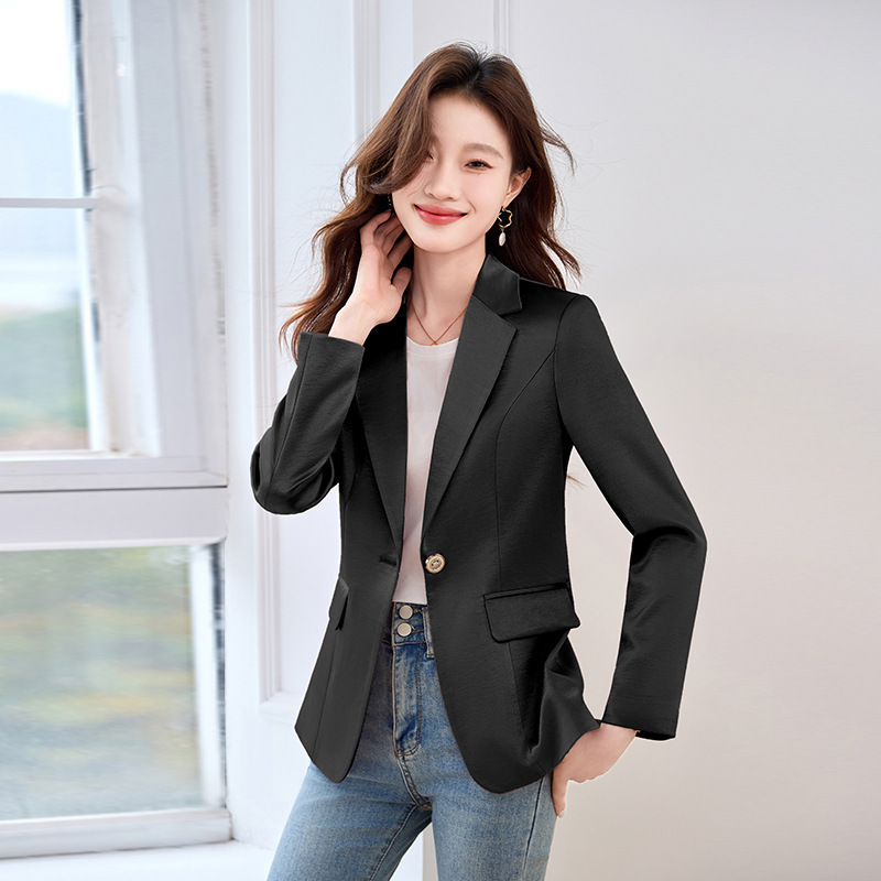 Black Acetate Satin Suit Jacket for Women Spring & Fall New High-End Casual Fashion Lady Elegant Slim Suit