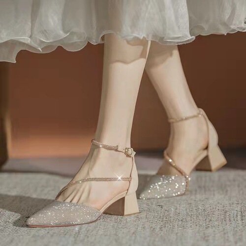Thick-heeled high-heeled shoes for women  new spring and autumn pointed toe buckle with rhinestones and skirt mid-heeled shoes wholesale