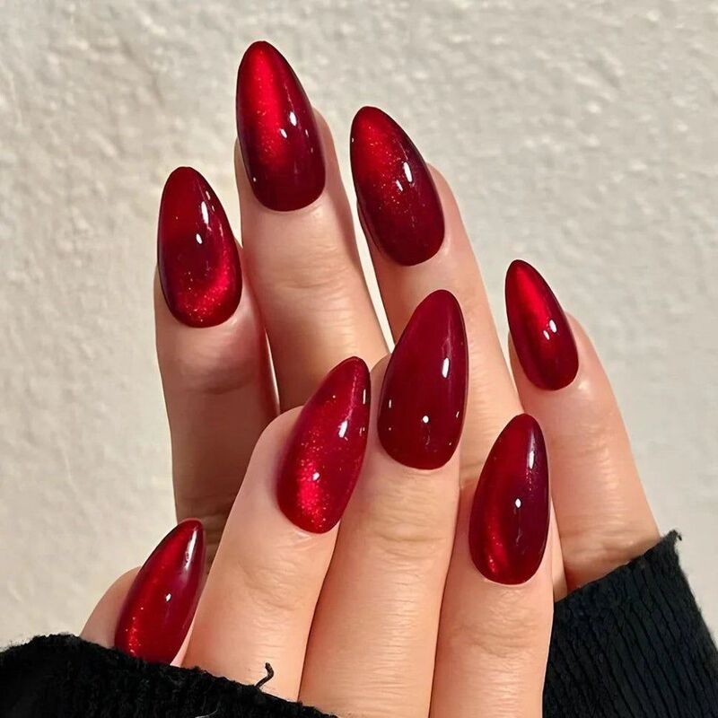 Elegant Wine Red Cat-Eye Press-On Nails, Complexion-Enhancing, Ins-Style European and American Fashion, Medium-Length, Detachable Fake Nails, 30 Pieces
