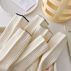 White Pile-Up Socks for Women, Mid-Calf Style, Autumn/Winter Ins-Trendy Internet-Famous Design, New Arrival—Solid Color, Boneless, Casual & Sporty Long Socks