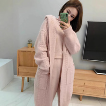 重磅加厚100%纯羊毛开衫女中长款帽衫绞花宽松长外套慵懒羊绒大衣