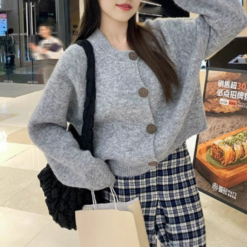 设计感纯色秋冬季新款 针织毛衣女士外套 圆领休闲慵懒风宽松开衫|undefined