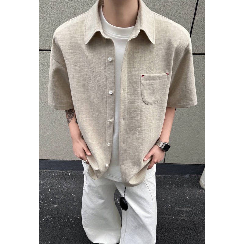 Nueva colección de verano 2026: Camisa de manga corta estilo Hong Kong para exteriores, color negro, tallas grandes, aspecto lino, M-5X, HC26189-TeP20_voghion.com