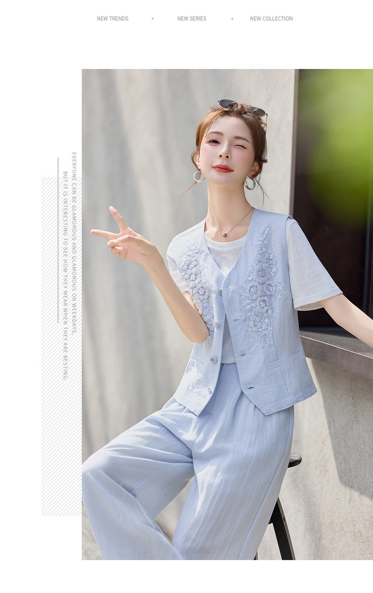 Bộ ba món nữ mùa hè 2026 gồm áo thun cổ tròn, áo gile thêu sequin và quần dài ống suông — màu xanh nhạt, màu trắng ngà chi tiết 15