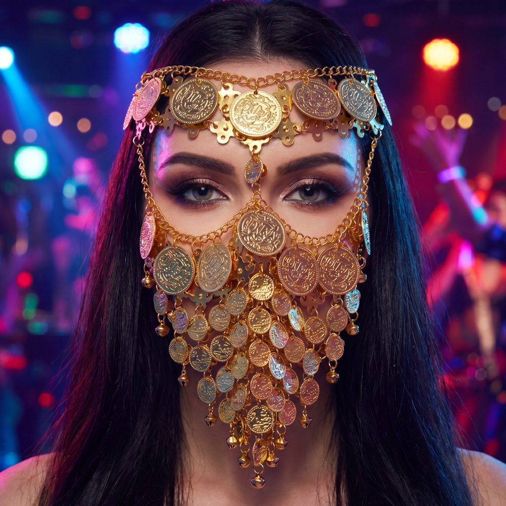 Egyptian retro carved coin mask head chain, Middle Eastern exotic metal coin tassel face veil headpiece