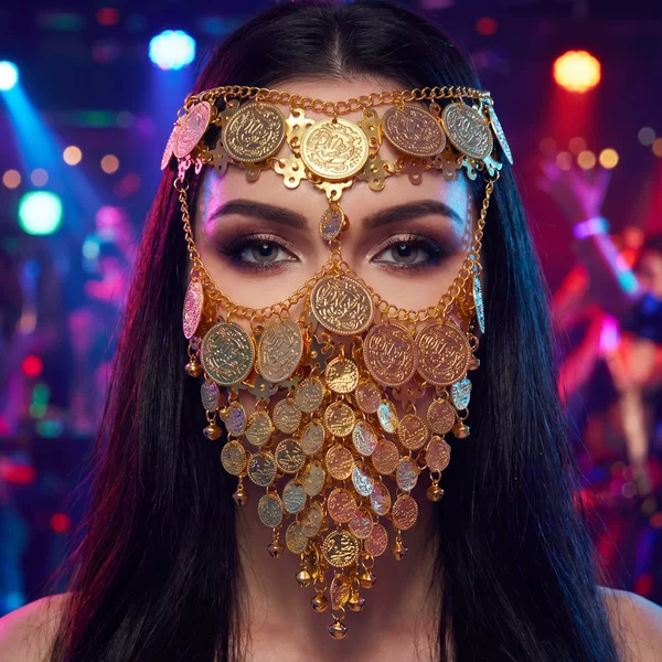 Egyptian retro carved coin mask head chain, Middle Eastern exotic metal coin tassel face veil headpiece
