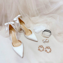 一件代发纯色浅口高跟鞋 法式缎面婚礼高跟鞋仙女风蝴蝶结婚鞋女