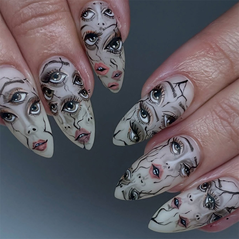 Halloween Horror Art Face Wearable Nails Long Pointed Hand-Painted Cracked Manicure Nails Removable Finished Nails