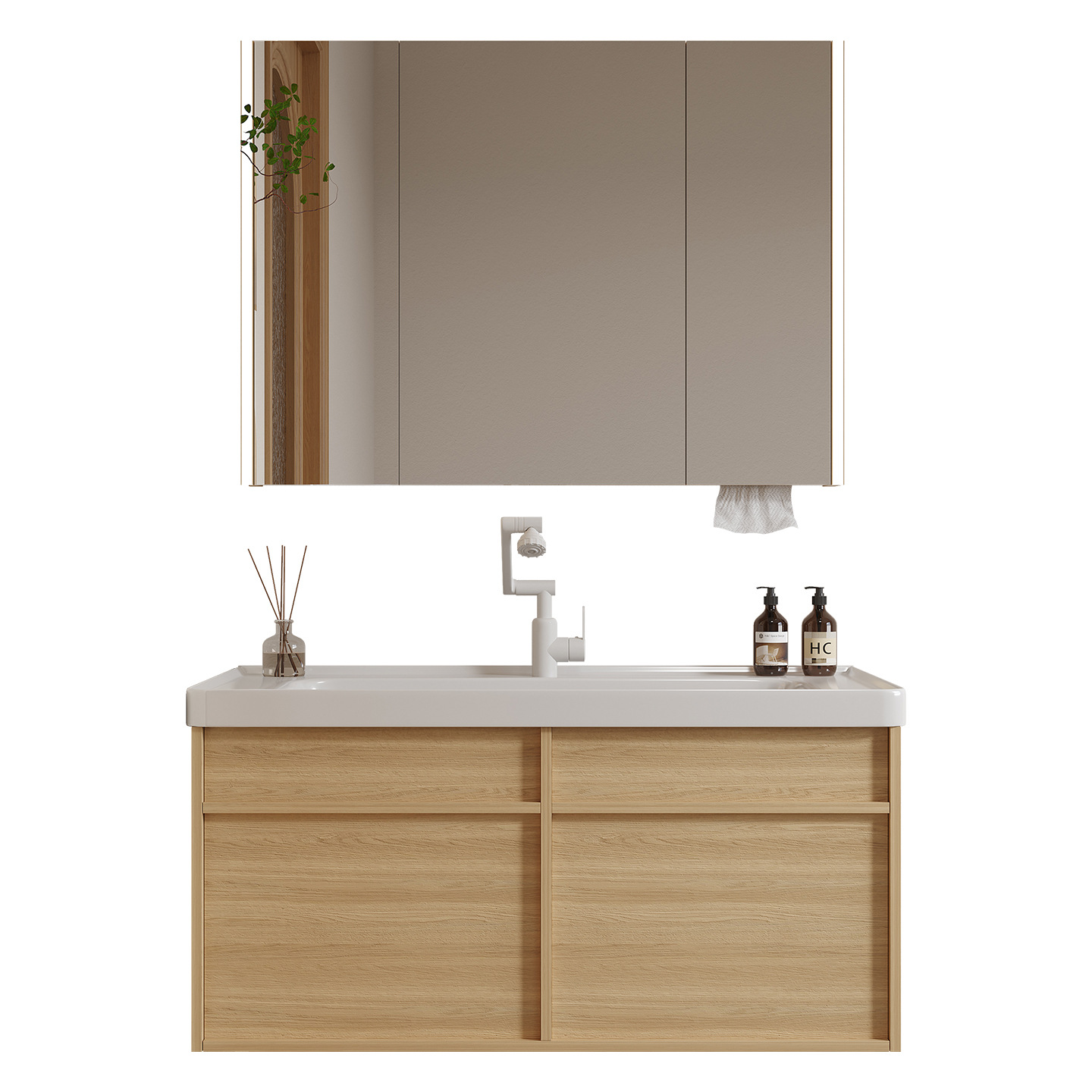 Gabinete de baño de madera a prueba de humedad, gabinete de baño de madera sólida, lavabo cerámico, lavabo de 18cm de profundidad, lavabo integral.