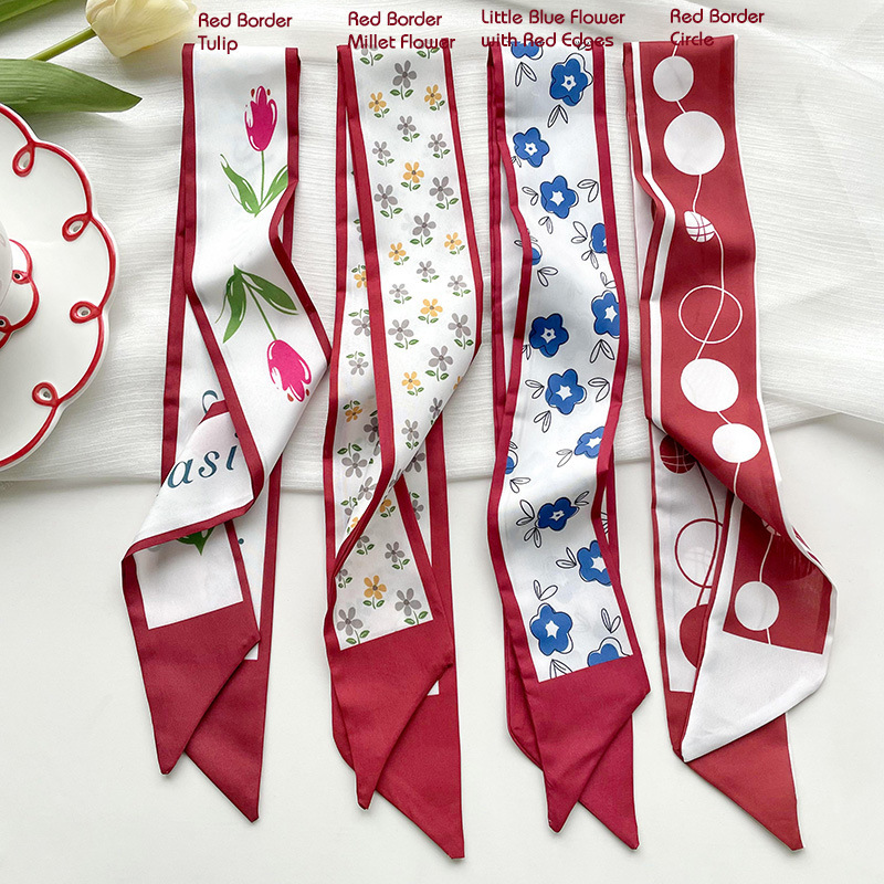 Blanco y Rojo larga pequeña bufanda de las mujeres de estilo coreano versátil multifuncional corbata de pelo bolsa decorativa bufanda cinta accesorios para el cabello