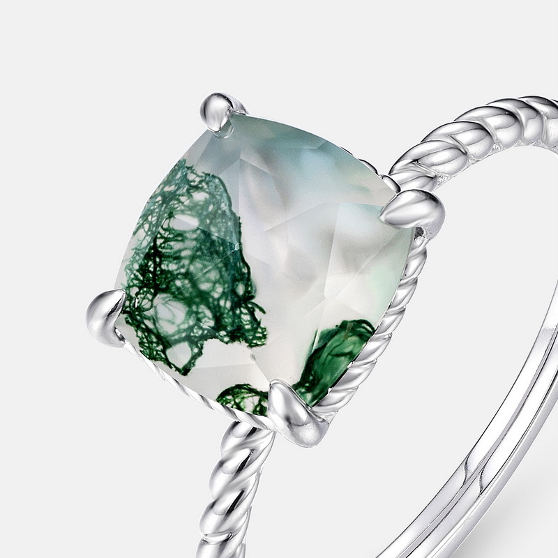 Anillo de flor de cáñamo transfronterizo con incrustaciones de pared Anillo de ágata de hierba de agua S925 Anillo de apertura de piedra de musgo verde natural de plata Atmósfera europea y americana