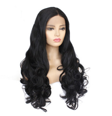 Funda de peluca de seda de alta temperatura de fibra química estilo de moda europeo y americano negro ondulado cabello largo y rizado encaje delantero LW0281
