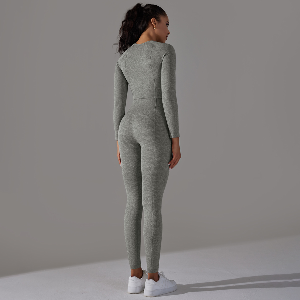 Rochie de yoga Jacquard pentru femei, cu mânecă lungă, talie înaltă, colanți de șold, îmbrăcăminte sport pentru fitness_voghion.com