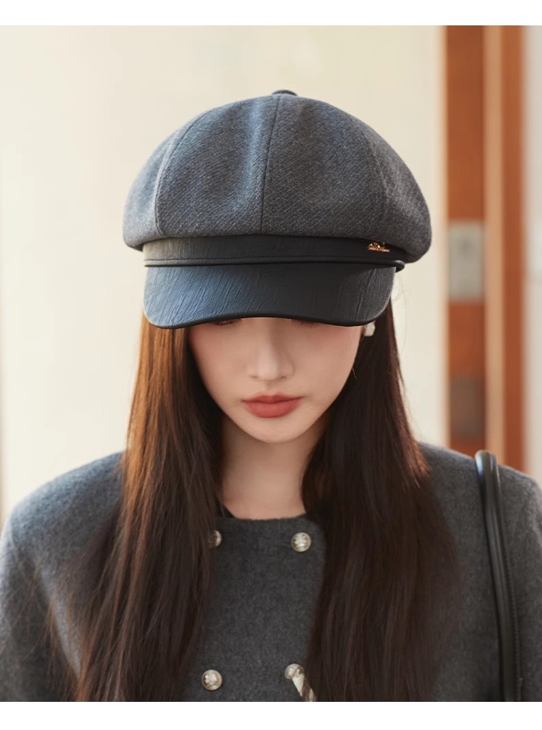 Cappello unisex alla moda in pelle con patchwork ottagonale da donna autunno-inverno vintage nero grande testa rotonda mostra viso piccolo cappello_voghion.com