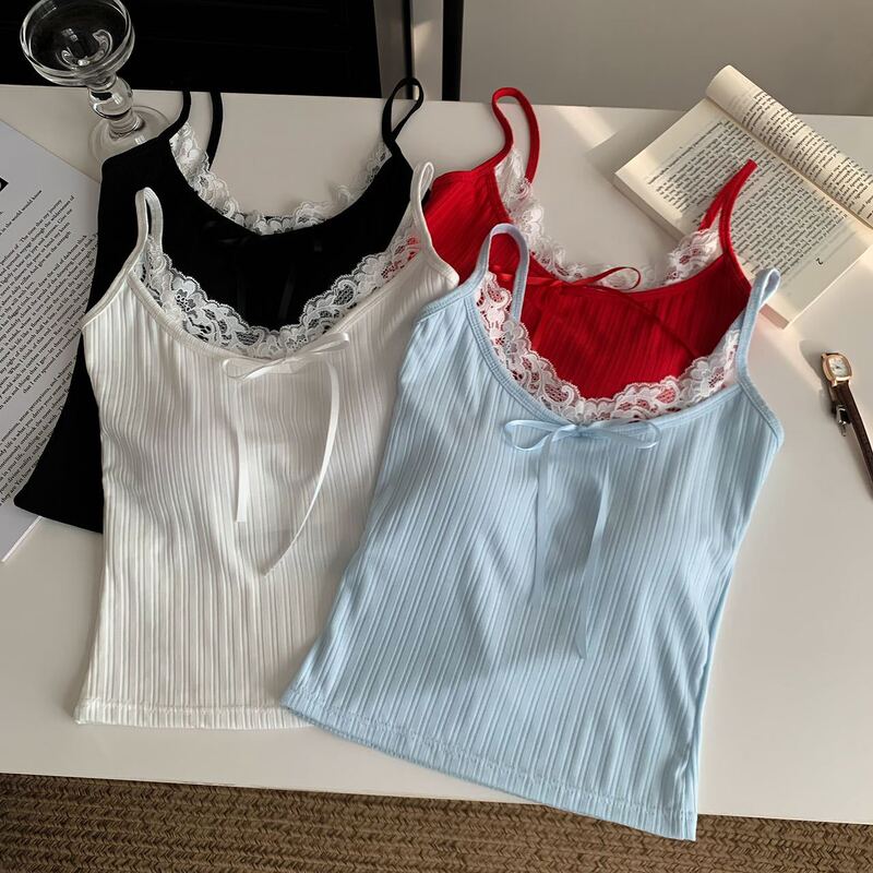 Bm Style Pure Wish Camisole Women's Inner Vest with Chest Pad Beautiful Back Lace Korean Style Sweet Bow Base Top