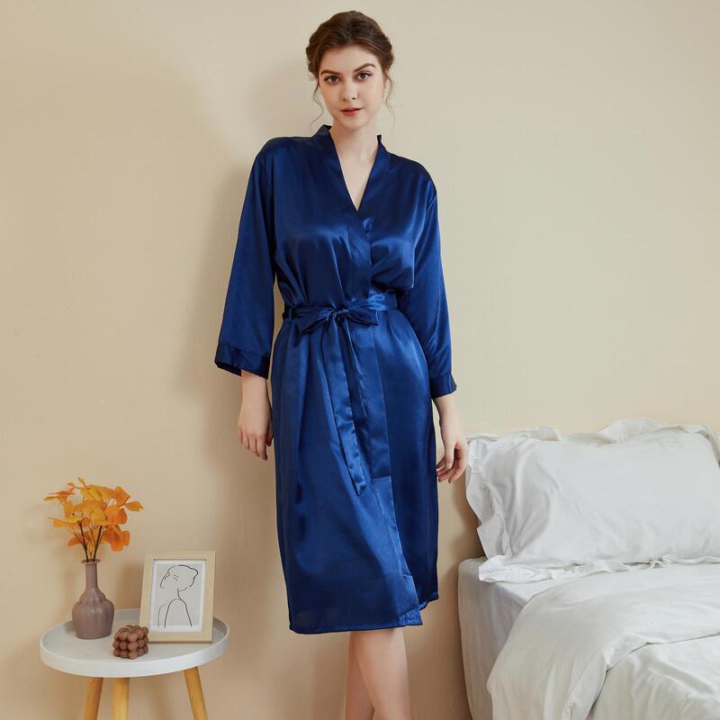Amazon Cross-Border Home Pajamas Imitation Silk Women's Spring and Summer Light Luxury Nine-Quarter Sleeve Cool Long Nightgown Bathrobe Home