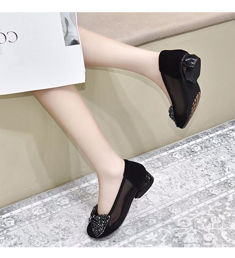 Sandal nữ bít mũi nơ da thật, gót thô 2 cm, miệng nông, vải lưới thoáng mát — Màu đen 2 cm chi tiết 8
