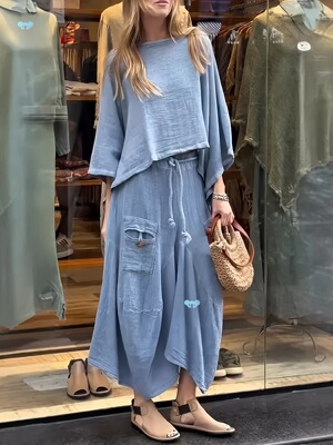 2 Piece Set Women's Loose Fit Maxi Skirt And Blouse Set跨境|ru