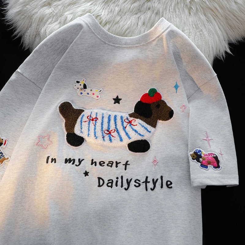 Cute Towel Embroidered Puppy Pure Cotton Short-Sleeved T-Shirt for Women Summer Couple Loose Lazy Chic Half-Sleeved Sweet Cool Top
