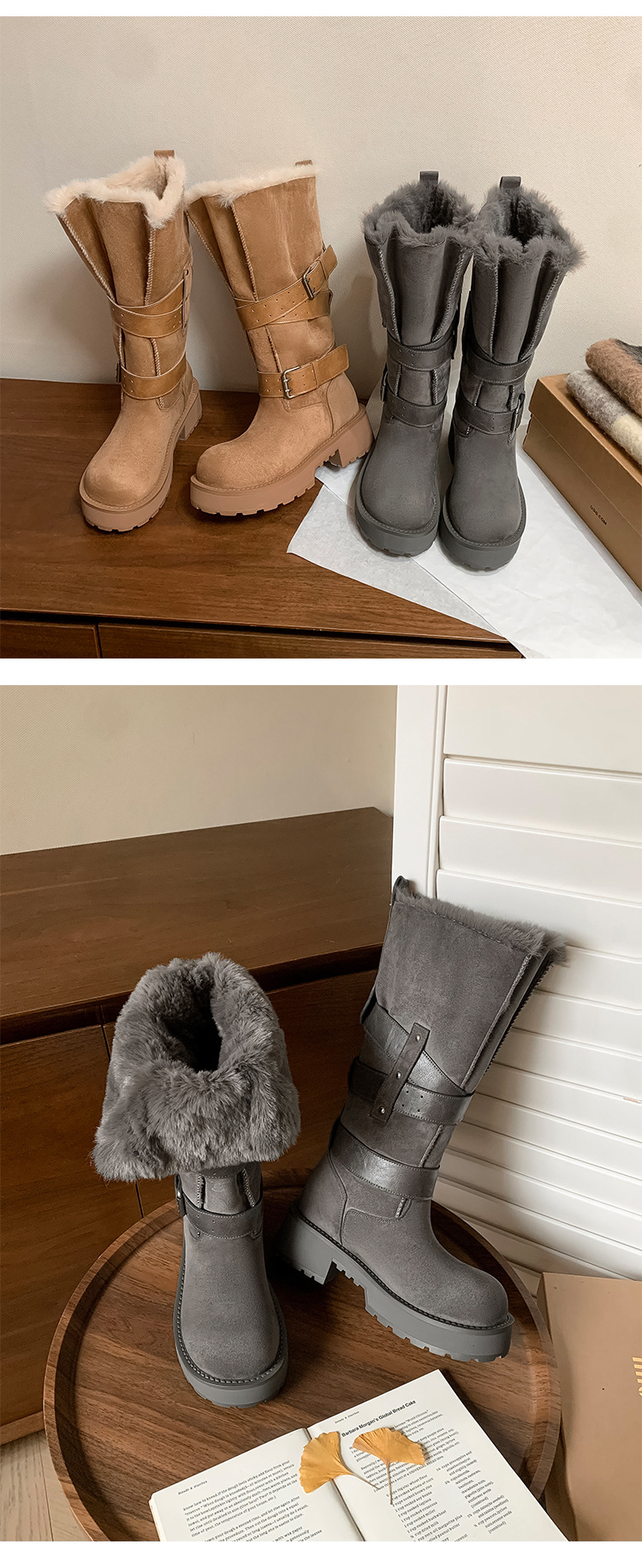 Boot tuyết nữ cổ cao lót lông cừu ấm áp đế dày khóa thắt lưng — màu kê chi tiết 18