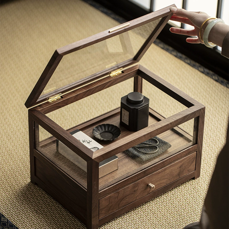 Шкаф для хранения стеклянного чайного сервиза из черного ореха, настольный шкаф, можно сложить с подставкой для чайника и чашки