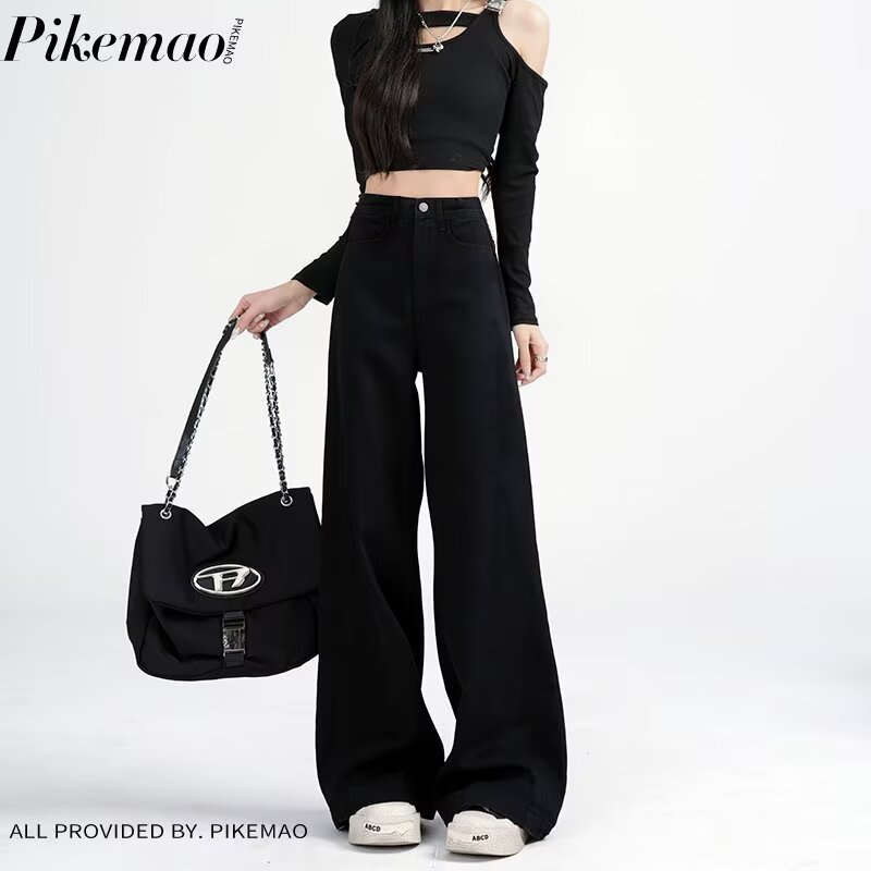Black Wide-Leg Jeans for Women 2025 Plus Size New High-Waisted Loose Slimming Straight Flared Floor-Length Pants