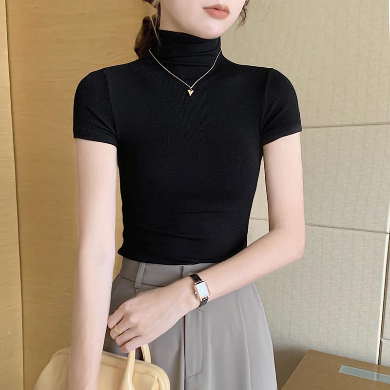 コーヒー色ねじニット高襟半袖tシャツ女性夏の正肩修身ガードルが痩せている高級半袖上着|undefined
