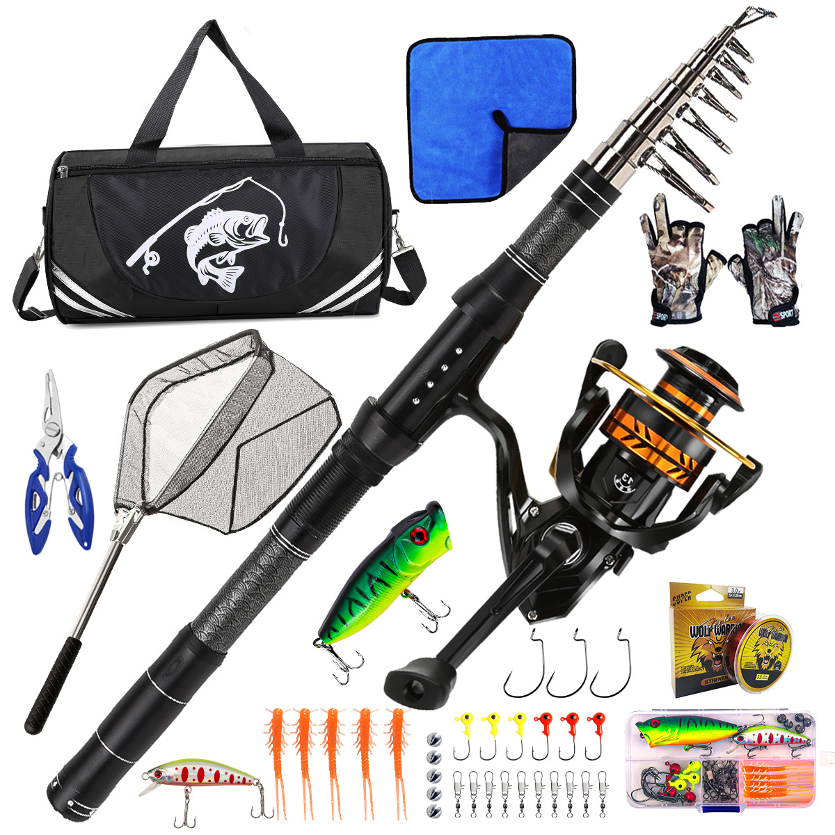 Carbon Lure Rod Portable Fishing Gear Bag Net Combination Long Casting Rod Fishing Rod Lure Set Cross-Border Supply