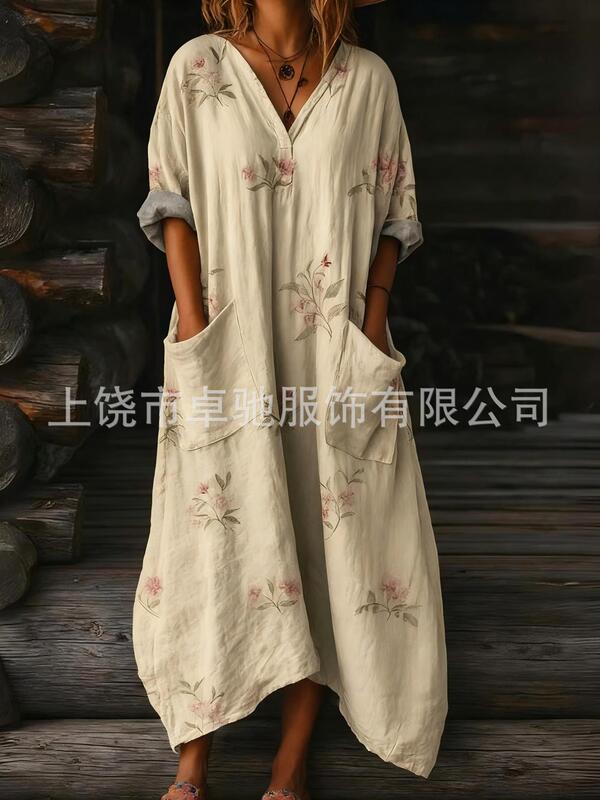 2025新款独立站女式复古花卉艺术图案印花口袋V领口袋连衣裙|undefined