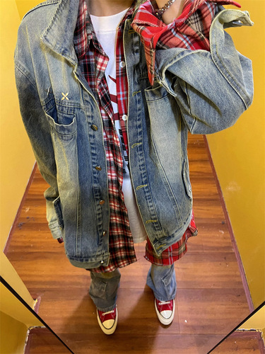 2025 Spring American Loose Retro Patchwork Plaid Long-Sleeve Casual Jacket for Women