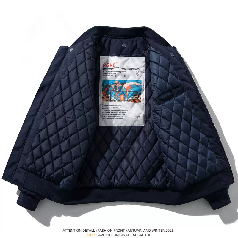Autumn and Winter Trendy Brand Solid Color Versatile Quilted Workwear Baseball Jacket Cotton Casual Double-Layer Cotton Bomber Jacket Couple Outfit