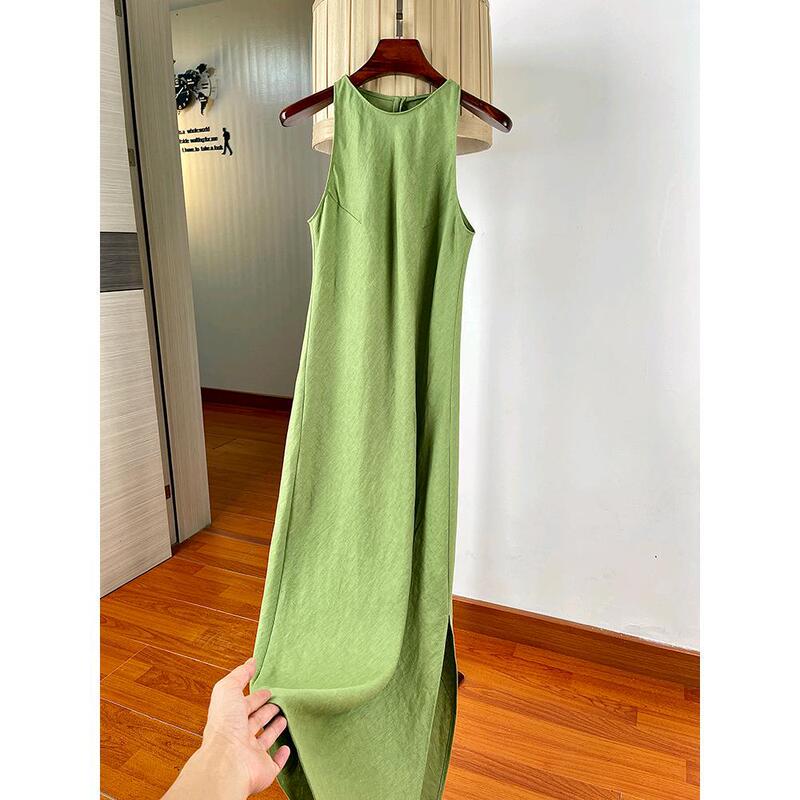Linen Sleeveless dress Women's Summer Long Skirt Elegant Elegant Slim-Fit Slimming Side Split Suspender Vic Skirt