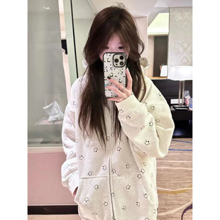 fleece-lined/no fleece-lined] autumn and winter expression bag loose cardigan lazy couple fashion brand autumn and winter hooded sweater coat