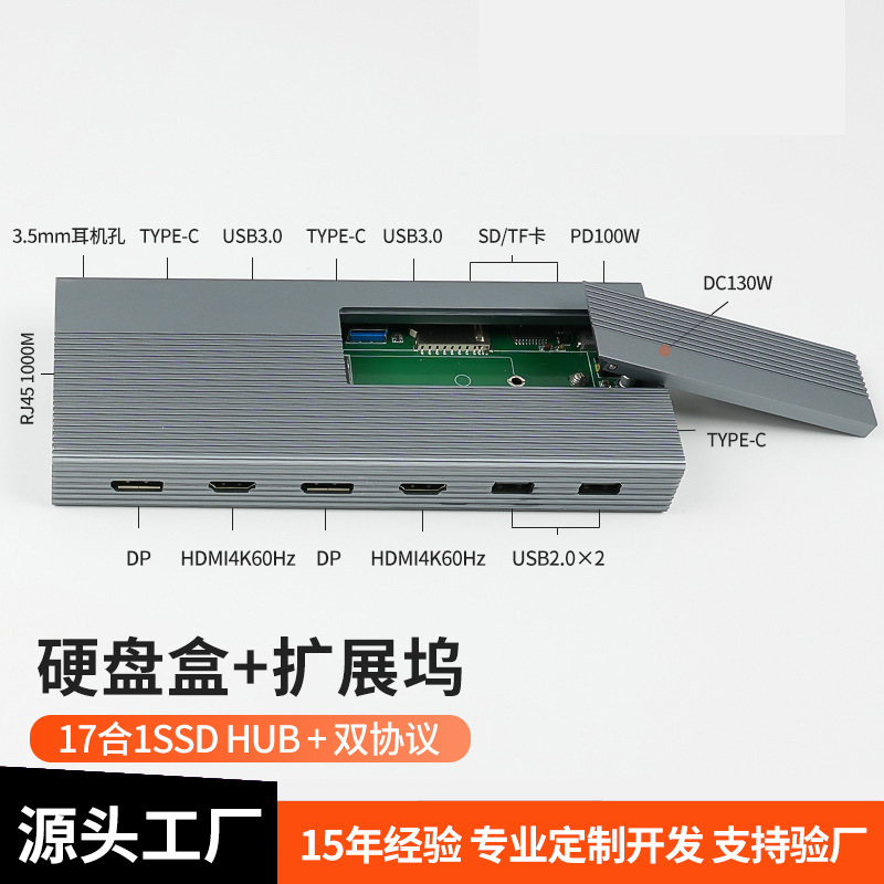 M.2 dual-protocol hard disk box supports ios three-screen different display adapter 130W power supply device with gigabit network port expansion dock