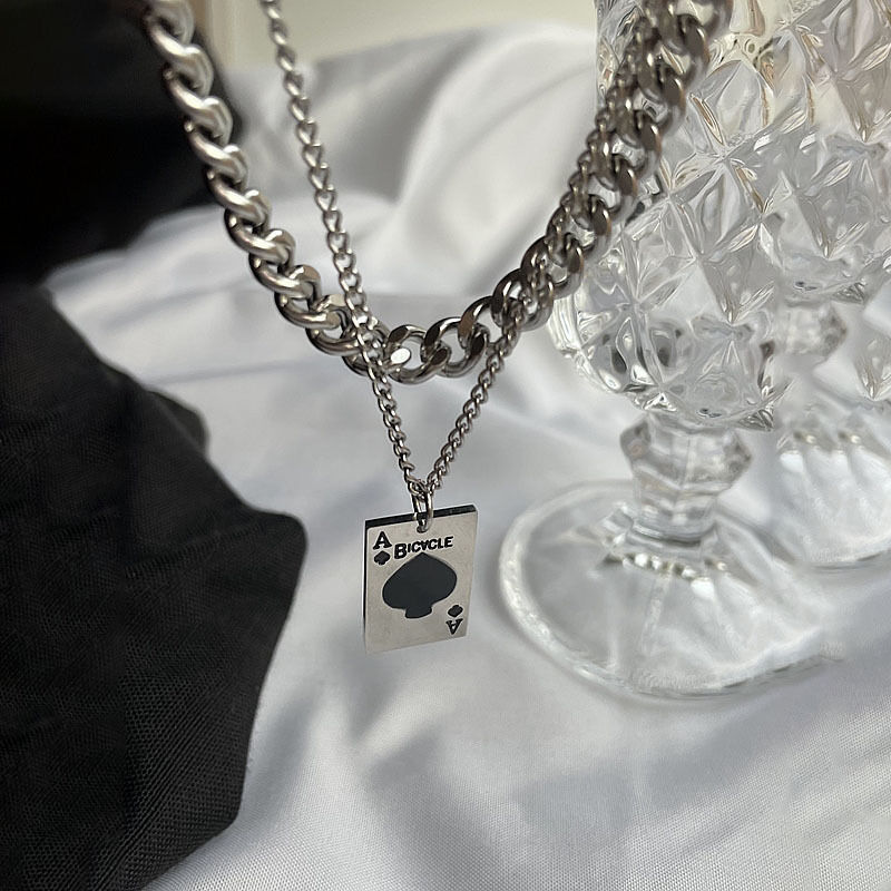 Double Layer Spades Playing Card Necklace In Titanium Steel_voghion.com