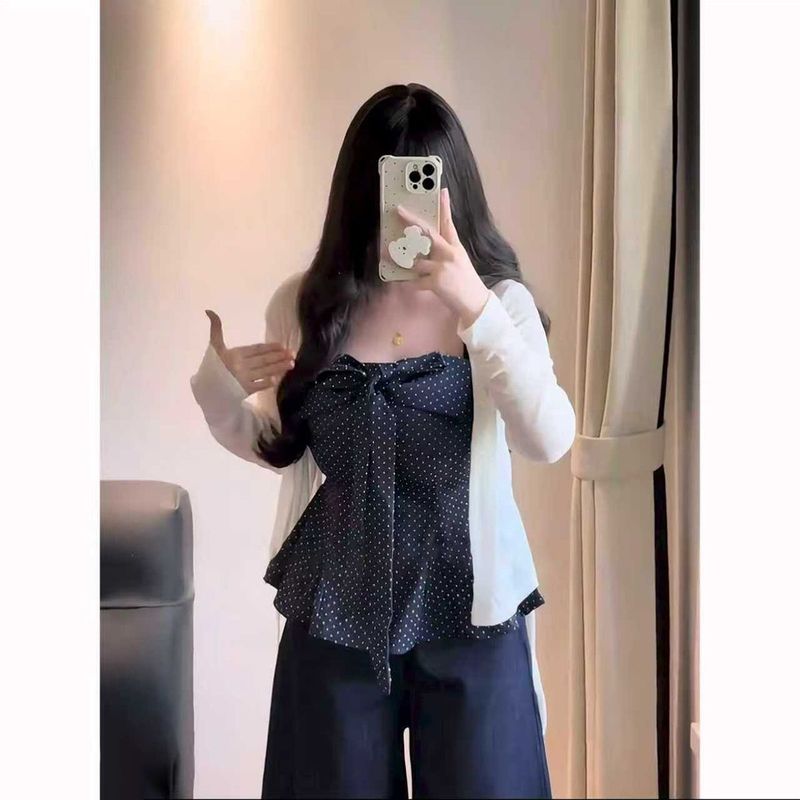 特大码胖mm纯欲波点抹胸背心吊带开衫夏秋季显瘦遮肉上衣两件套装|undefined
