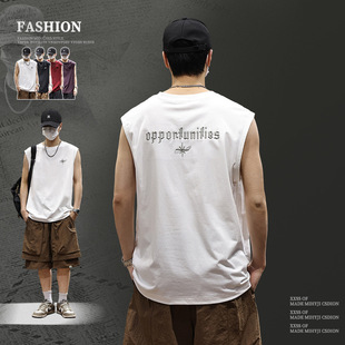 High-End American Embroidery Breathable Sleeveless Vest Men's Summer Fitness Casual Sports High Street Loose T-Shirt Men's Wholesa