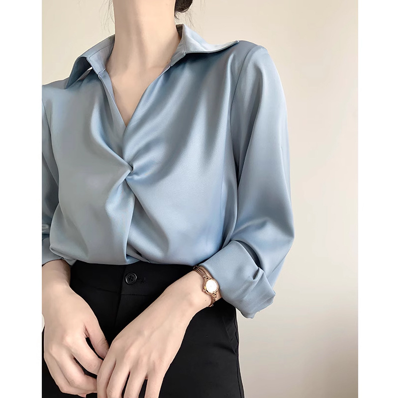 Love at First Sight Blue Satin Shirt Women's Professional Work Clothing Ol Interview Shirt Design Top Light Mature