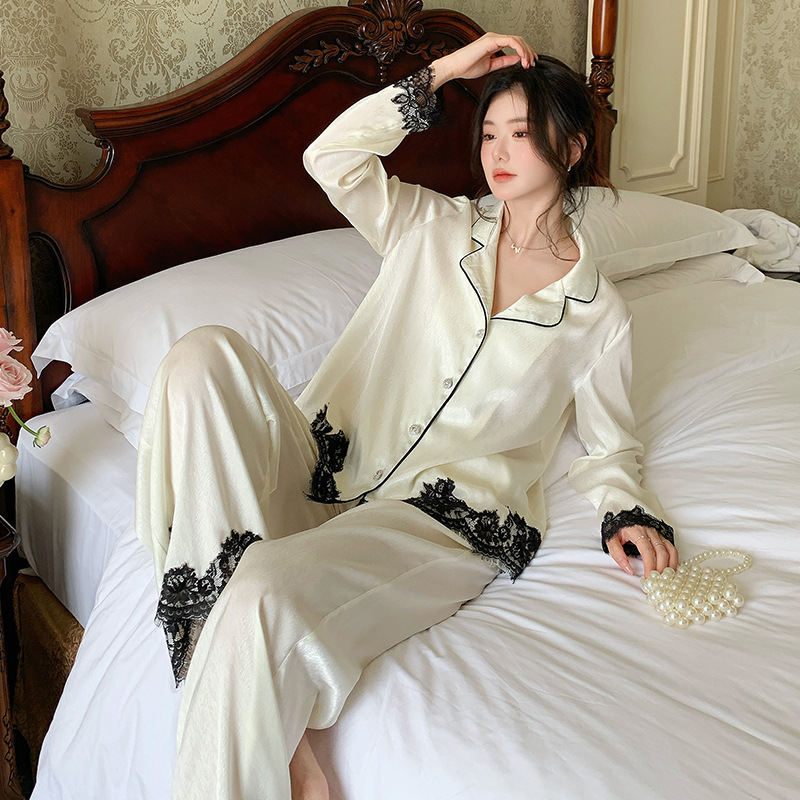 法式新款春季长袖长裤色丁睡衣女士甜美高贵开衫可外穿家居服套装|undefined