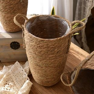 Nordic Straw Woven Flower Basket Large Vase Ornaments Living Room Flower-arranging Gympsophila Dried Flower Modern Simple Rattan Flower Pot