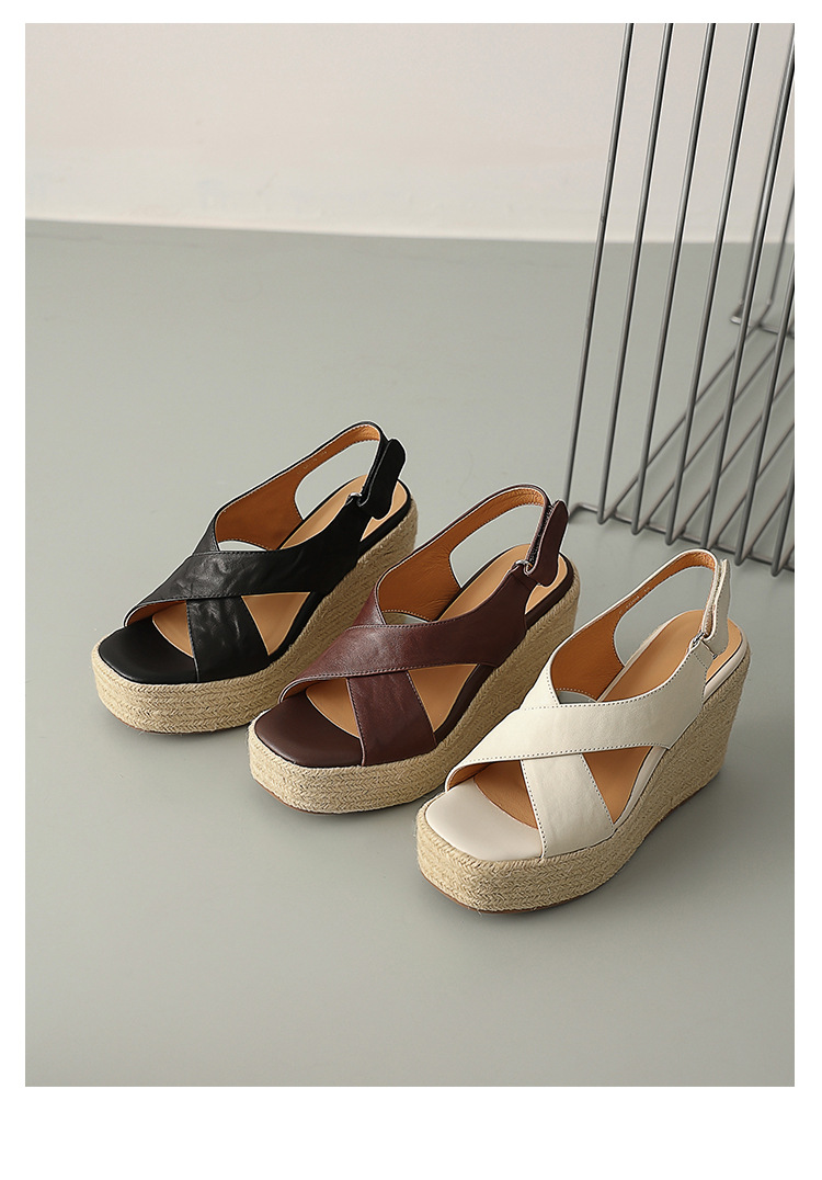 Sandal cao gót nữ hở mũi phong cách Pháp quai chéo da bò, đế xuồng cao gót 9 cm, đế platform 3 cm — màu nâu, màu đen, màu trắng ngà chi tiết 7