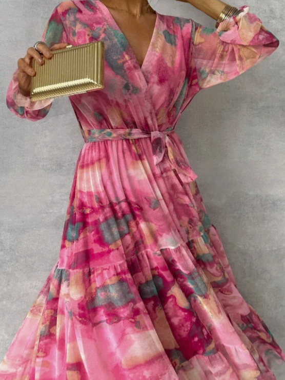 2025 European and American Cross-Border Amazon Elegant and Intellectual Style. Lace-Up Printed Stitching Large Hem Women's Dress 2025 European and American Cross-Border Amazon Elegant and Intellectual Style. Lace-Up Printed Stitching Large Hem Women's Dress