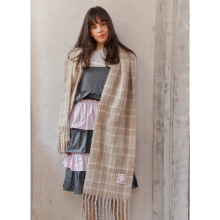 含20%新西兰羊毛韩系米灰格纹围巾冬季毛绒感不掉毛柔软围脖披肩