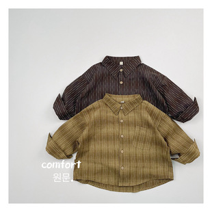 Japanese Stackable Korean Style Retro Striped Shirt Jacket for Boys and Girls 2024 Spring Children's Long Sleeve Cardigan Top
