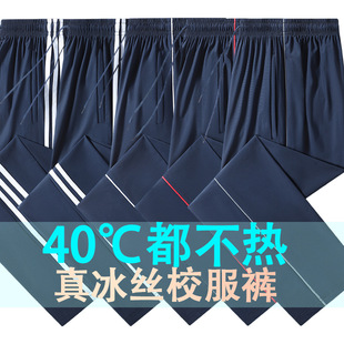 School uniform pants quick-drying breathable ice silk Senior high school primary school students summer thin dark blue a side two bar school pants