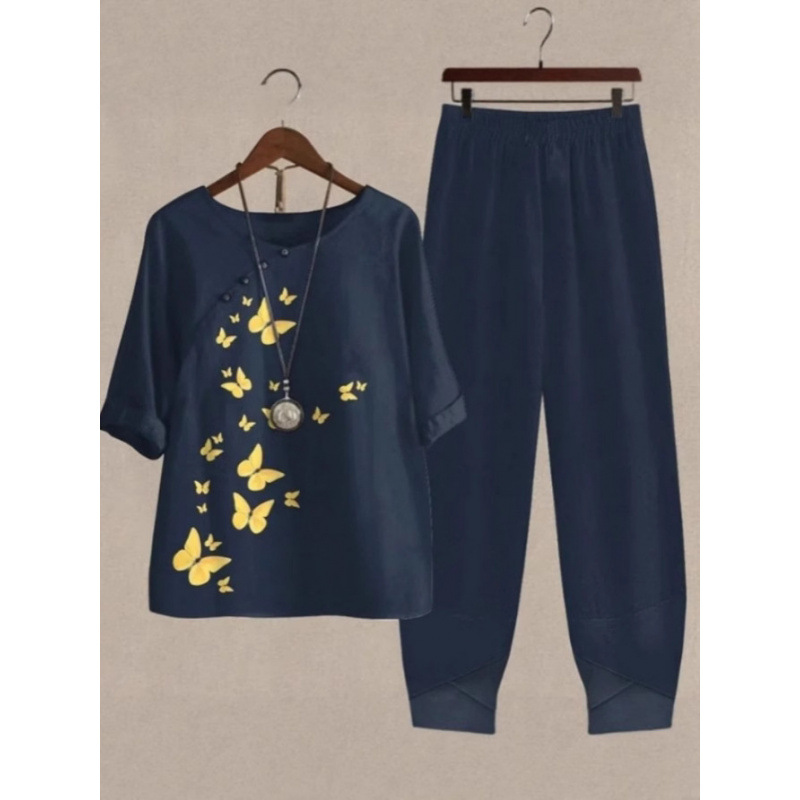 Europa y Estados Unidos trajes casuales de mujer transfronterizos de moda explosiva verano nuevo cinco mangas impresión chaqueta pantalones dos piezas