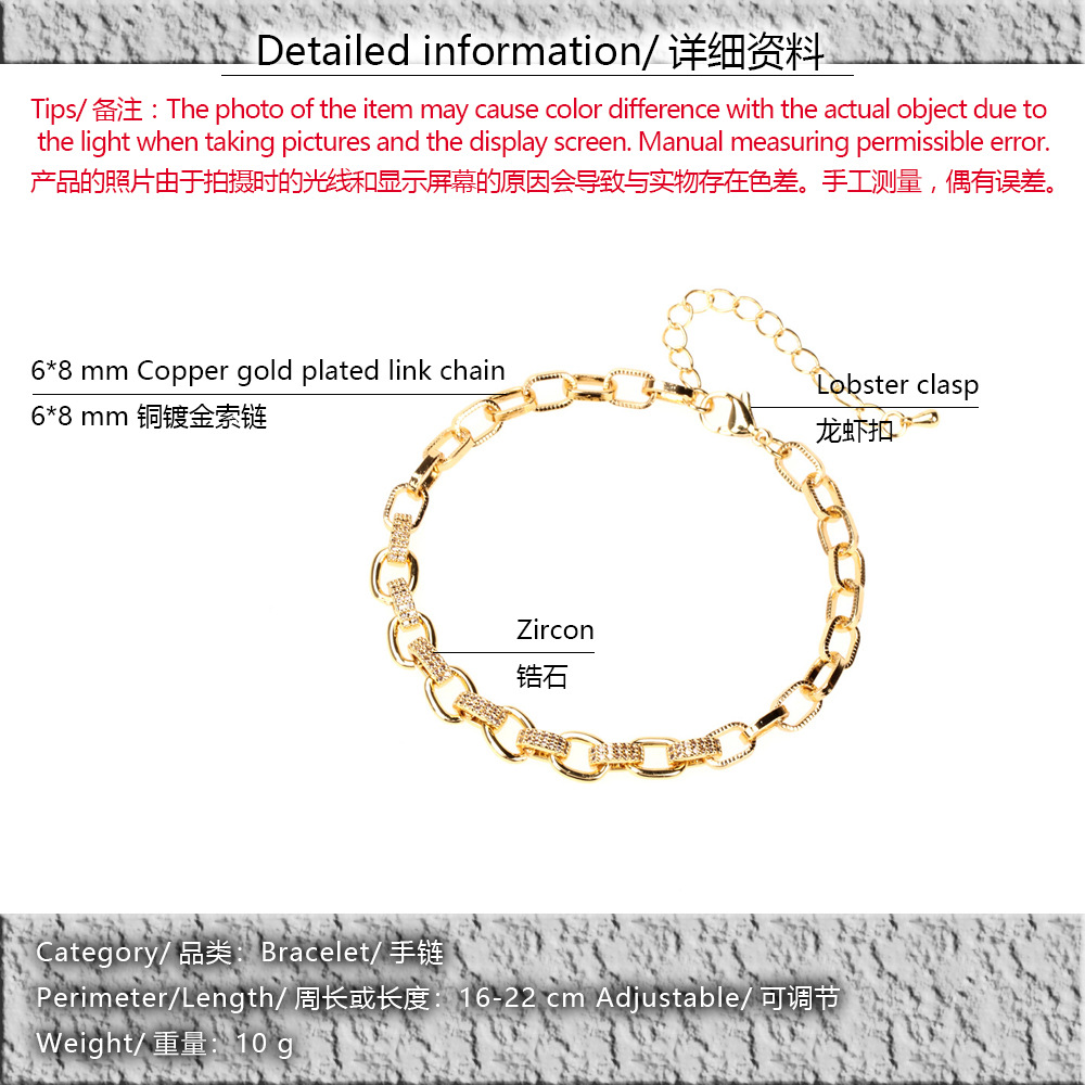 wholesale jewelry retro adjustable thick chain copper inlaid zircon bracelet nihaojewelry