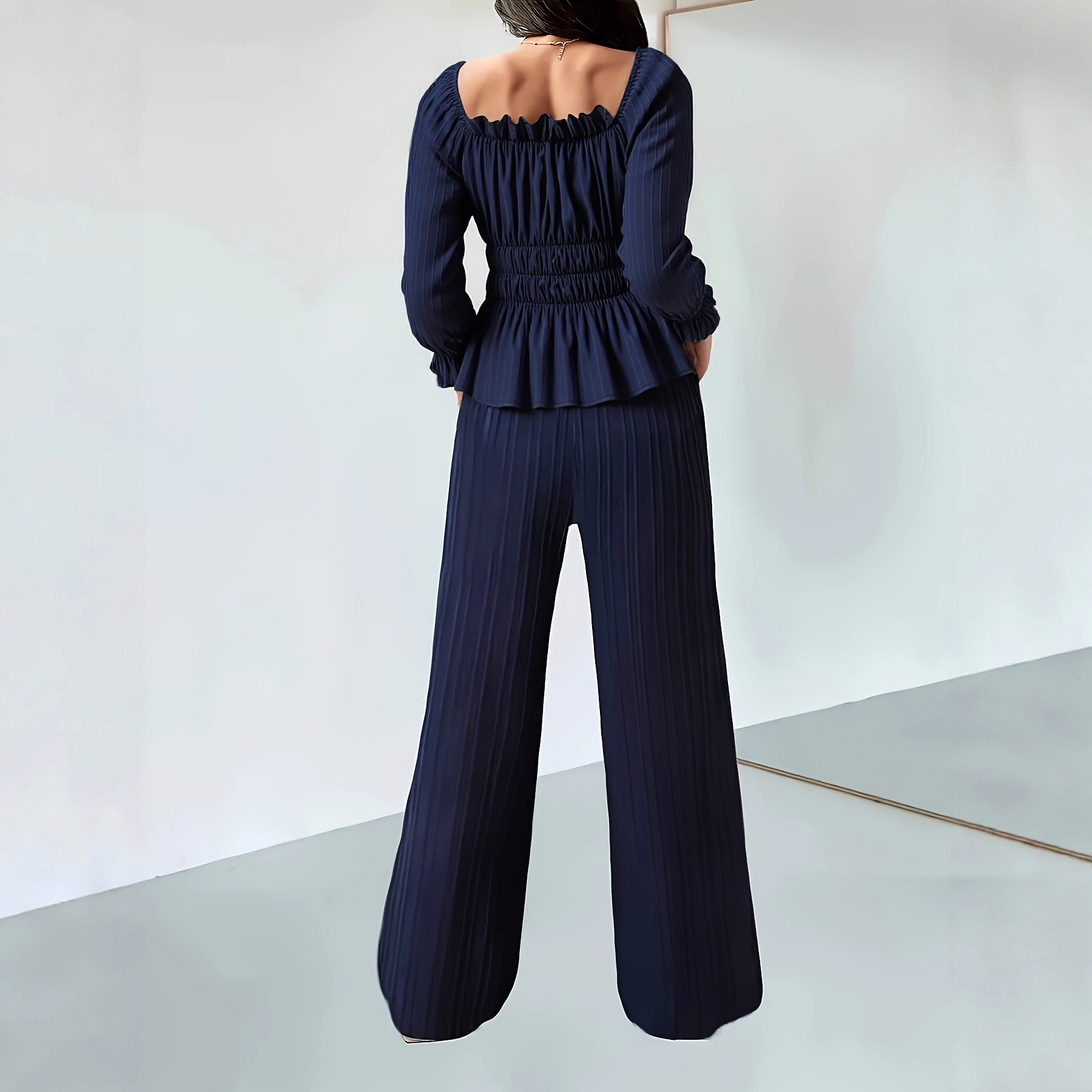 Ensemble chemisier à volants et pantalon large d'inspiration française – Style bohème chic élégant pour femme (Tailles S à XXL, bleu marine, esthétique minimaliste euro-américaine)_voghion.com