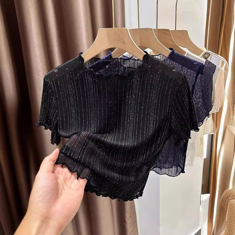 Women's lace short-sleeved T-shirt with wooden ears summer suspender skirt undershirt short ice silk mesh top bright silk
